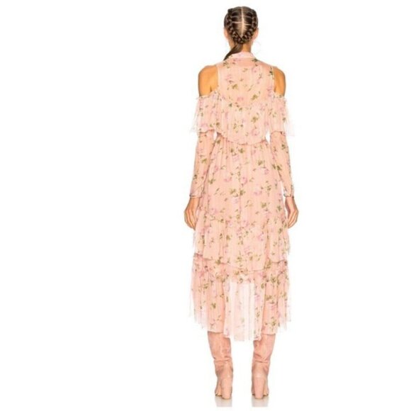 NWT ULLA JOHNSON Pink Marion cold shoulder silk midi ruffle dress size 2 - Picture 3 of 13
